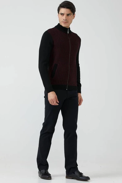 Erkek Fermuarlı Cepli Triko Ceket - Siyah - Bordo - Resim 2