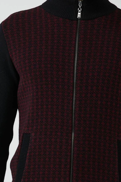 Erkek Fermuarlı Cepli Triko Ceket - Siyah - Bordo - Resim 3