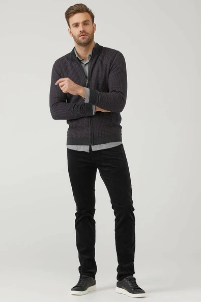 Erkek Fermuarlı Cepli Triko Hırka - Antrasit - Mor - Resim 2