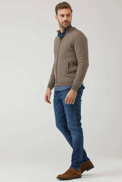 Erkek Fermuarlı Cepli Triko Hırka - Sütlü Kahve - Vizon - 2