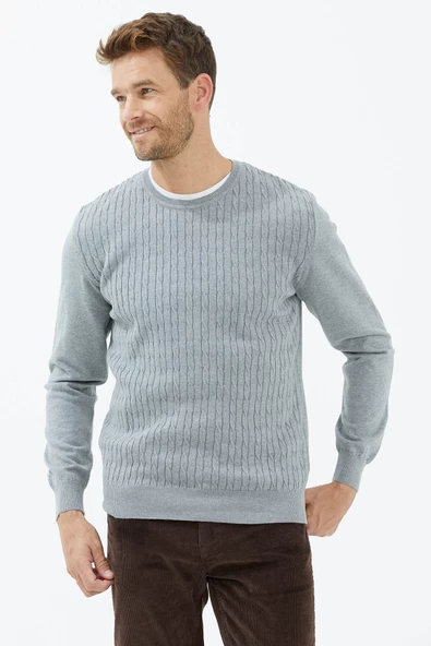 Süet Garnili Saç Örgülü Triko Kazak - Açık Gri - Resim 2