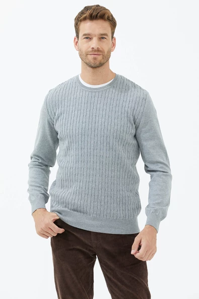 Süet Garnili Saç Örgülü Triko Kazak - Açık Gri - Resim 3