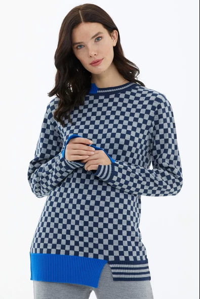 Dama Desenli Sıfır Yaka Triko Kazak - Lacivert - Resim 2