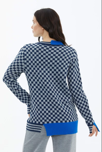 Dama Desenli Sıfır Yaka Triko Kazak - Lacivert - Resim 5