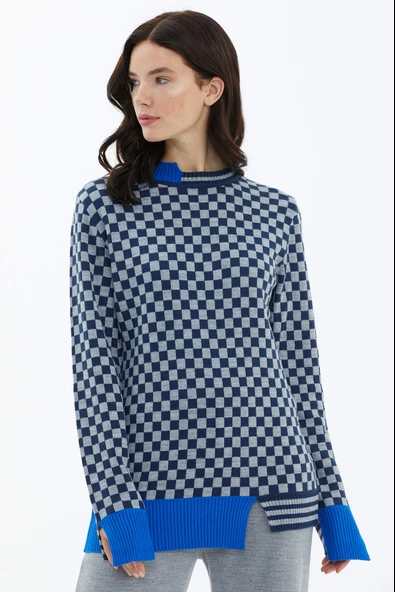 Dama Desenli Sıfır Yaka Triko Kazak - Lacivert - Resim 3