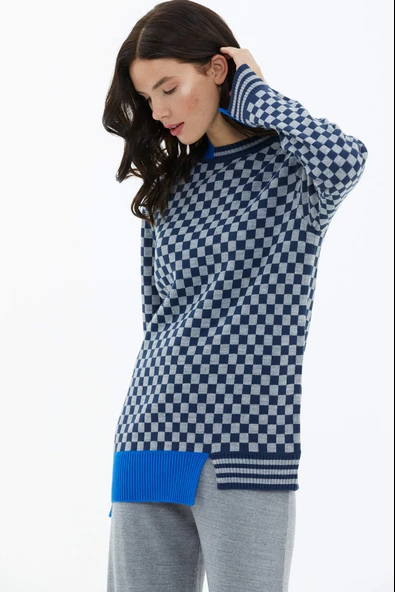 Dama Desenli Sıfır Yaka Triko Kazak - Lacivert - Resim 4