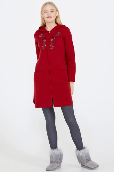 Nakış Desenli Kapüşonlu Kadın Triko Ceket - Kırmızı - 3