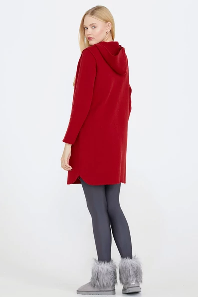 Nakış Desenli Kapüşonlu Kadın Triko Ceket - Kırmızı - 4