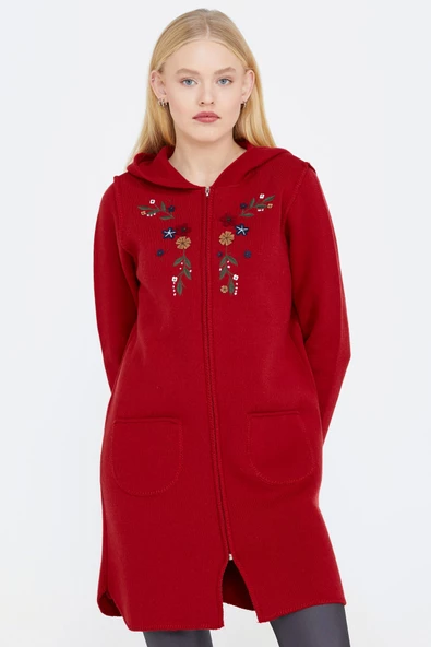 Nakış Desenli Kapüşonlu Kadın Triko Ceket - Kırmızı - 2