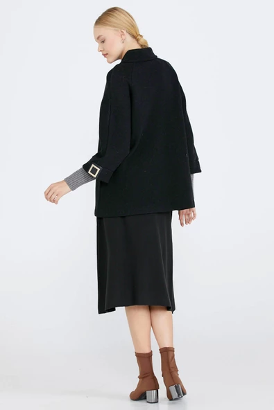 Toka Detaylı Fermuarlı Kadın Triko Ceket - Siyah - Gri - Resim 4