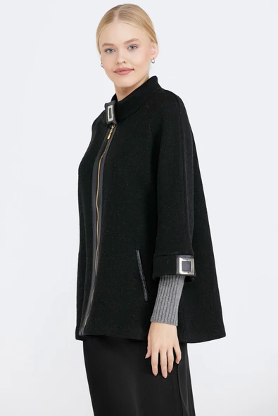 Toka Detaylı Fermuarlı Kadın Triko Ceket - Siyah - Gri - Resim 3