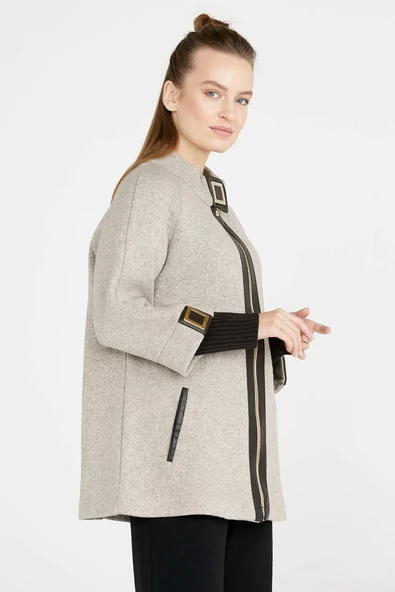 Toka Detaylı Fermuarlı Kadın Triko Ceket - Vizon - Kahverengi - Resim 3