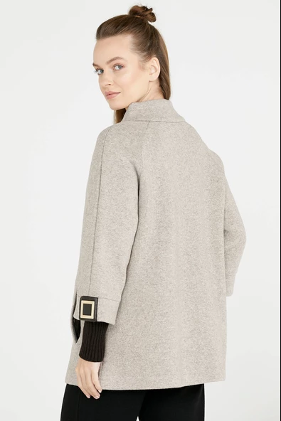 Toka Detaylı Fermuarlı Kadın Triko Ceket - Vizon - Kahverengi - Resim 4