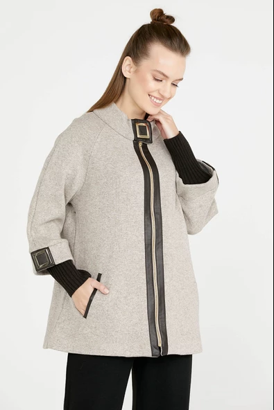 Toka Detaylı Fermuarlı Kadın Triko Ceket - Vizon - Kahverengi - Resim 2