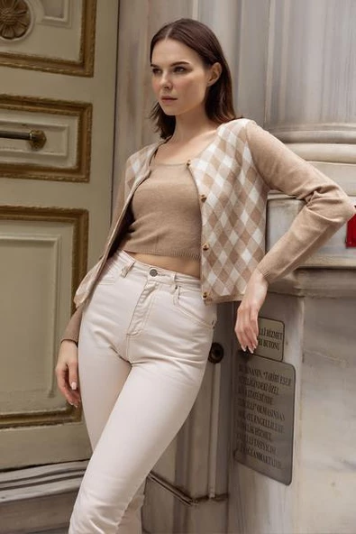 İçi Croplu Hırka Takım - Bej - Resim 3