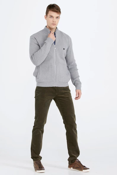 Nakış Detaylı Cepli Erkek Triko Ceket - Açık Gri - 3