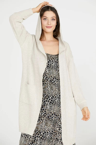 Kapüşonlu Uzun Triko Hırka - Açık Bej - Resim 3