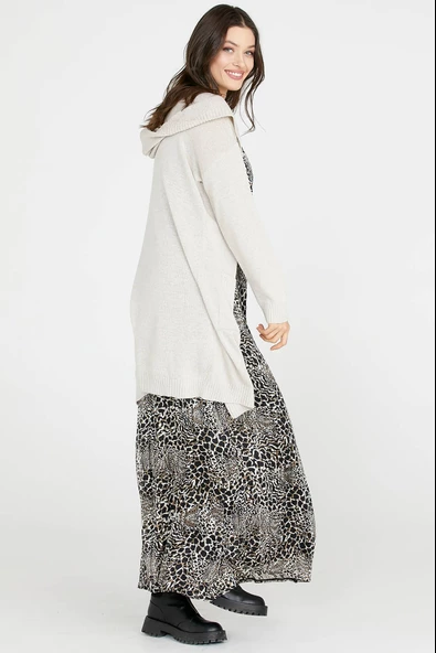 Kapüşonlu Uzun Triko Hırka - Açık Bej - Resim 4