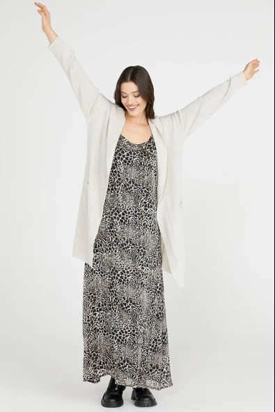 Kapüşonlu Uzun Triko Hırka - Açık Bej - Resim 2