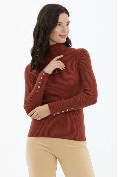 Tam Balıkçı Yaka Düğmeli Triko Kazak - Kiremit - Resim 3