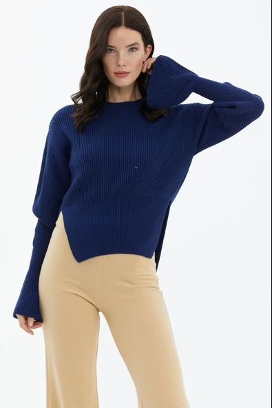 Sıfır Yaka Yırtmaçlı İspanyol Kol Tiriko Kazak - Lacivert - Resim 2