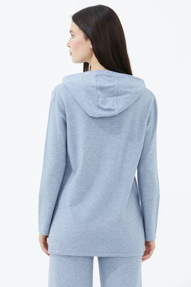 Kapüşonlu Arkası Uzun Triko Kazak - Mavi - Resim 4