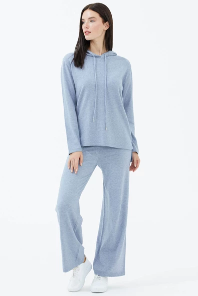 Kapüşonlu Arkası Uzun Triko Kazak - Mavi - Resim 3