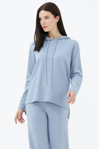 Kapüşonlu Arkası Uzun Triko Kazak - Mavi - Resim 2