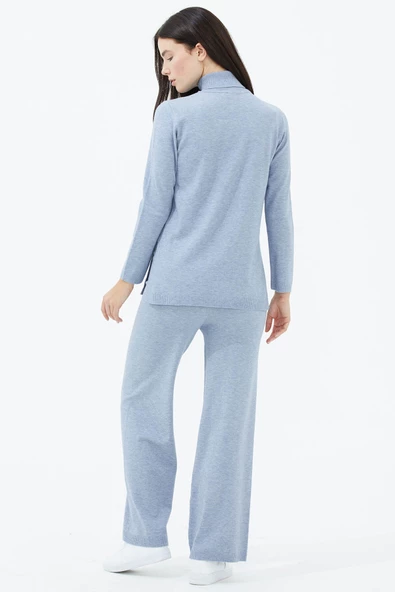 Tam Balıkçı Yaka Kazak Pantolon Triko Takım - Mavi - 4