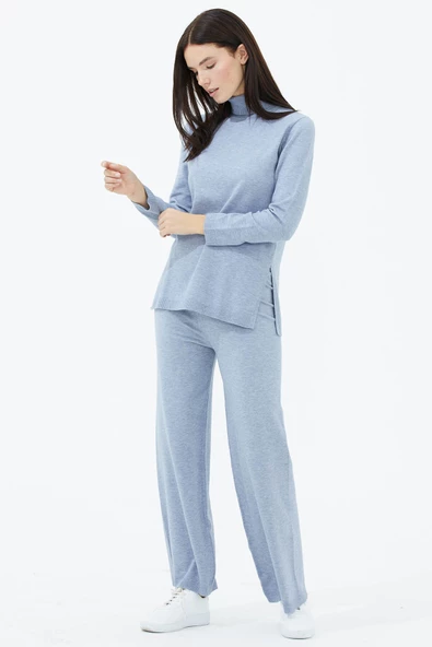 Tam Balıkçı Yaka Kazak Pantolon Triko Takım - Mavi - 3