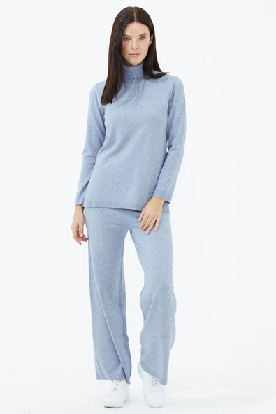 Tam Balıkçı Yaka Kazak Pantolon Triko Takım - Mavi - 2