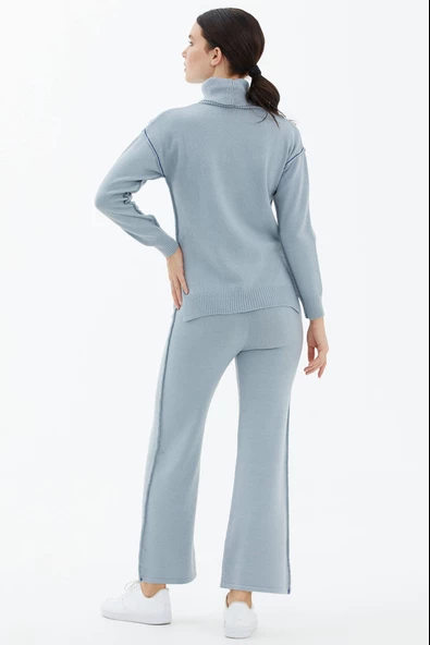 Tam Balıkçı Yaka Kazak Pantolon Triko Takım - Mavi - 4