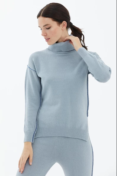 Tam Balıkçı Yaka Kazak Pantolon Triko Takım - Mavi - 3