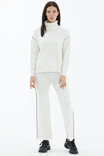 Tam Balıkçı Yaka Kazak Pantolon Triko Takım - Kemik - 2