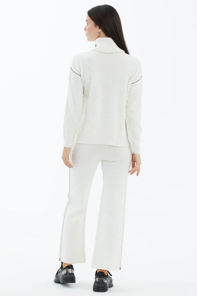 Tam Balıkçı Yaka Kazak Pantolon Triko Takım - Kemik - 5