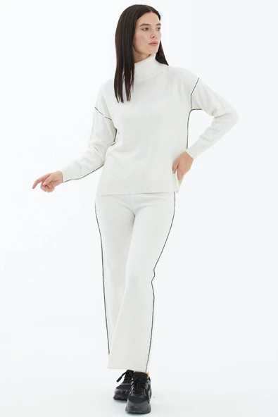 Tam Balıkçı Yaka Kazak Pantolon Triko Takım - Kemik - 4