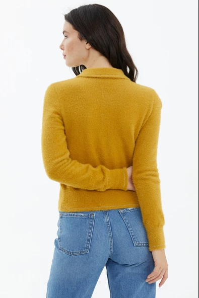 Polo Yaka Patlı Düğmeli Triko Kazak - Hardal - Resim 4