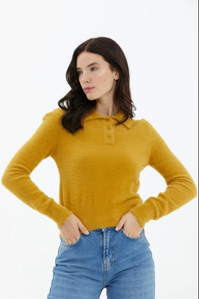 Polo Yaka Patlı Düğmeli Triko Kazak - Hardal - Resim 2