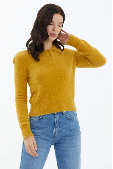 Polo Yaka Patlı Düğmeli Triko Kazak - Hardal - Resim 3