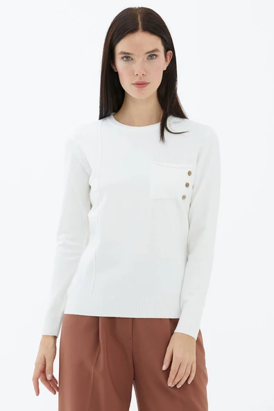 Sıfır Yaka Cepli Düğmeli Triko Kazak - Beyaz - Resim 3