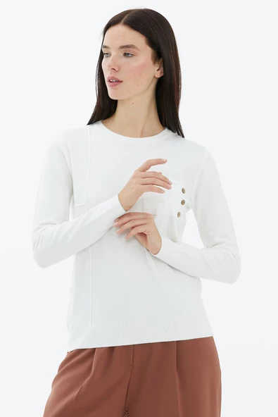 Sıfır Yaka Cepli Düğmeli Triko Kazak - Beyaz - Resim 2