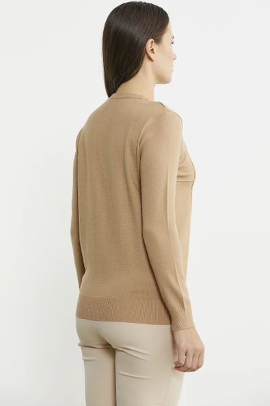 Sıfır Yaka Cepli Düğmeli Triko Kazak - Bej - Resim 5