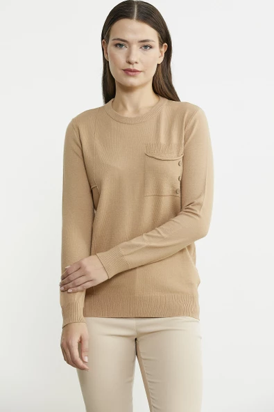 Sıfır Yaka Cepli Düğmeli Triko Kazak - Bej ürün görseli