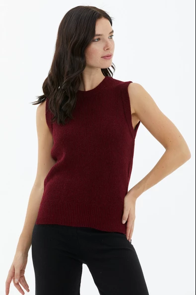Sıfır Yaka Triko Süveter - Bordo - 2