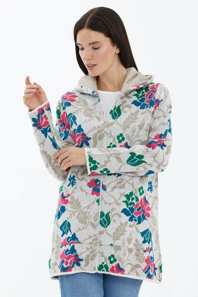 Kapüşonlu Fermuarlı İçi Yumoş Astarlı Triko Ceket - Beyaz - Resim 2