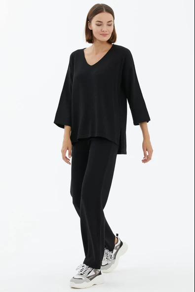 V Yaka İkili Triko Takım - Siyah - Resim 3