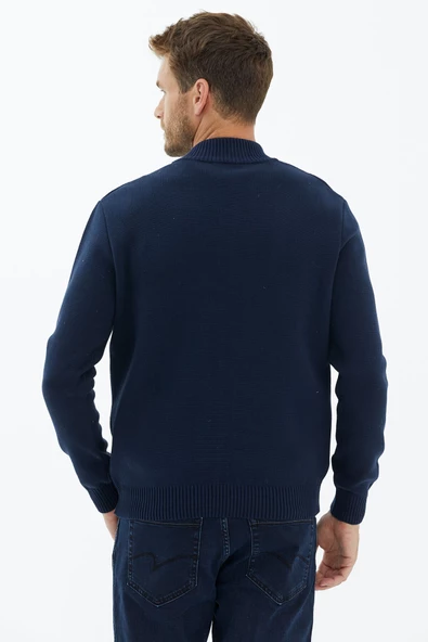 Dik Yaka Düğmeli Triko Hırka - Lacivert - 4