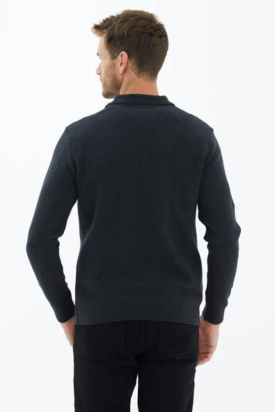 Polo Yaka Düğmeli Triko Kazak - Antrasit - 4