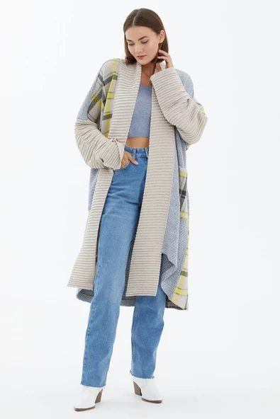 Şal Yaka Uzun Triko Hırka - Bej - Resim 3