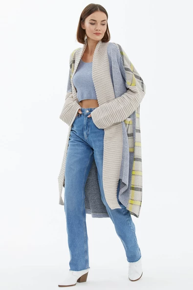 Şal Yaka Uzun Triko Hırka - Bej - Resim 5